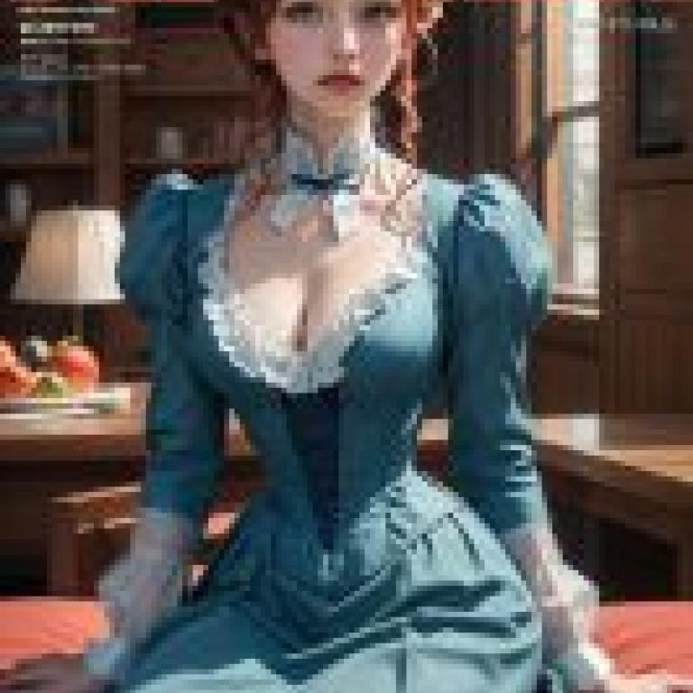 維多利亞時代的裝扮：一位長髮披肩、塗著紅色口紅的女士坐在沙發上。