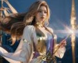 Female mage，A woman in a white and gold outfit with a crown on her head.