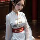 Chinese daughter clothing，Girl in costume with red bow on her waist.