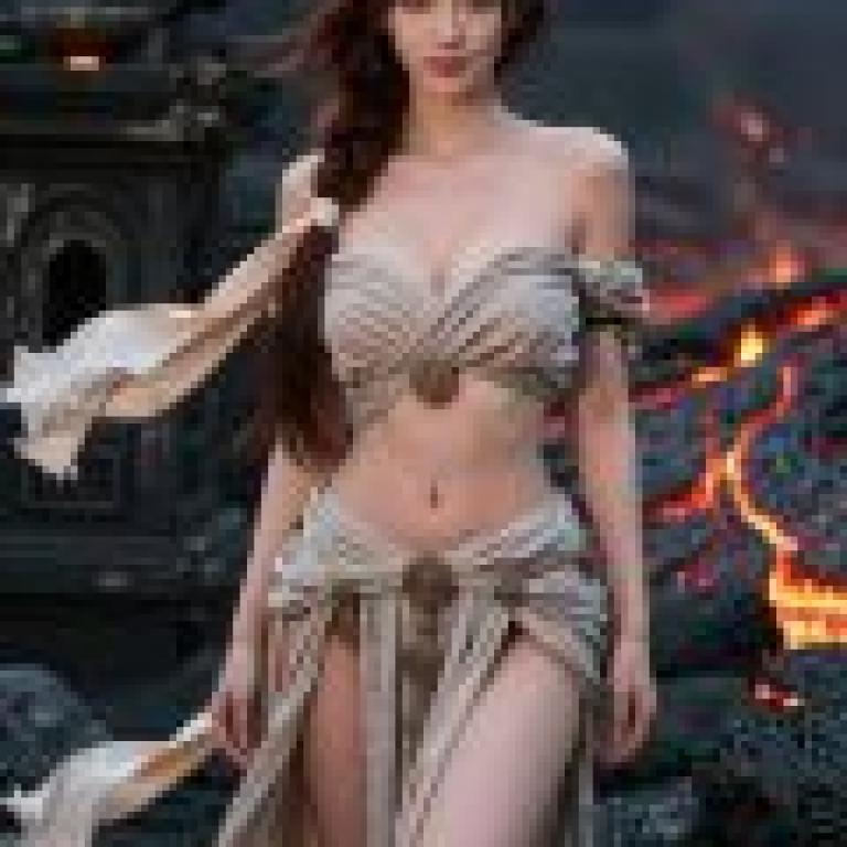 Volcano Goddess，A woman in a flowing dress stands before a burning lava.