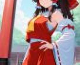 Reimu Hakurei，A woman with long brown hair standing by a red pillar.