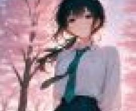 girls，A girl wearing a uniform in front of cherry blossom trees.