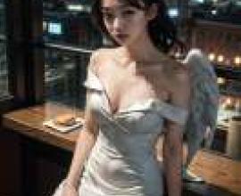 Angelic Phantoms in the City，A woman in an angel costume sits on a counter