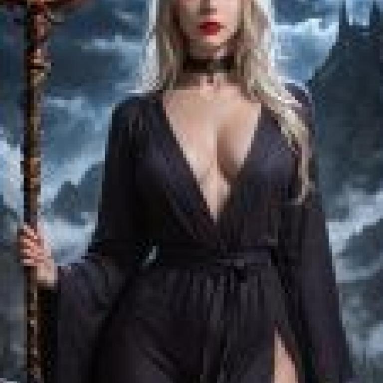 深山的女巫，一名身穿敞開長袍的金髮女子手裡拿著某樣東西。