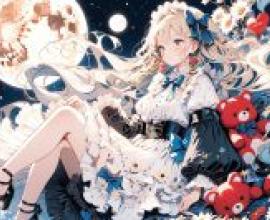 Black Lolita fashion，A girl with her teddy bears.