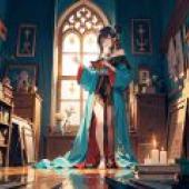 圖書館女孩，一位身穿藍色洋裝、頭戴皇冠的女孩。