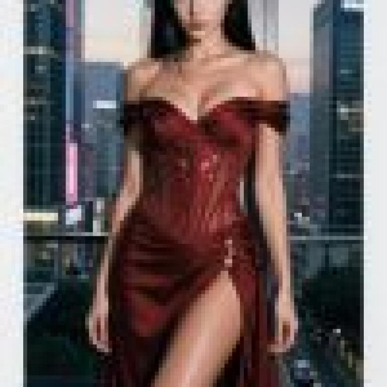 Street beauties，A model in a red dress standing next to a building.