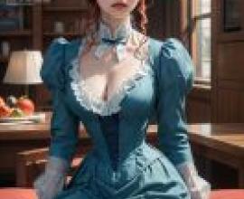 維多利亞時代的裝扮：一位長髮披肩、塗著紅色口紅的女士坐在沙發上。