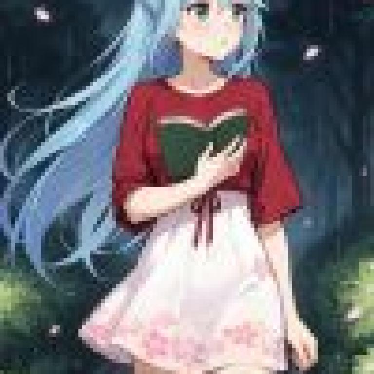Aqua konosuba，一位身穿藍色連身裙和紅色襯衫的女孩拿著一本打開的書。