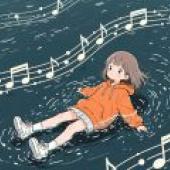 Immerse yourself in music，A girl in an orange hoodie laying on her back with music notes surrounding her.