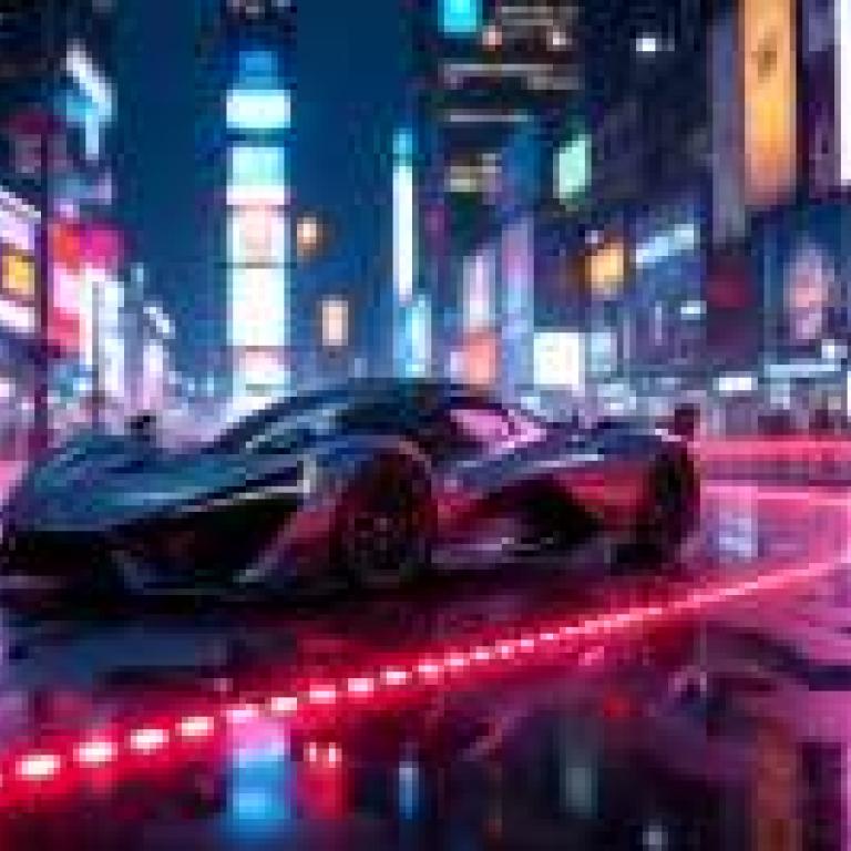 夜幕下，一輛跑車在賽道上飛馳，車燈閃爍。