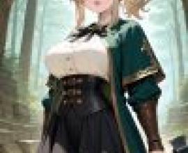 Cute girl，Woman in green dress holding an axe.