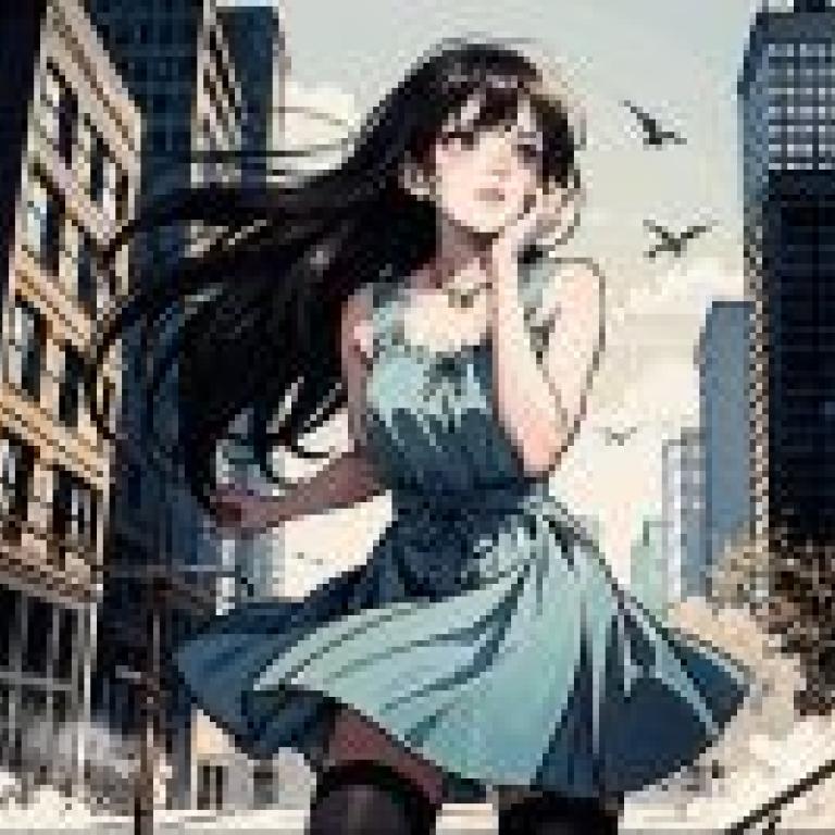 末世之美，一位身穿藍色洋裝的黑髮女子站在船上。