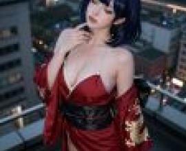 紅和服魅影，一位藍髮女子，身穿紅黑相間的東方服飾。