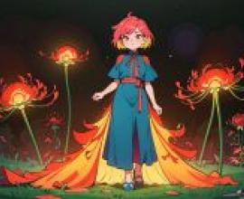 彩色，紅髮、穿著藍色連身裙的卡通女性。