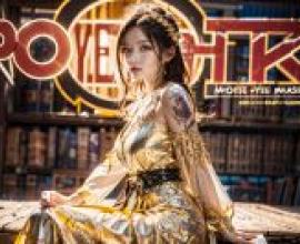 鬼狼，一個女孩，穿著金色衣服，站在寫著「POYECHT」的商店招牌前擺姿勢。