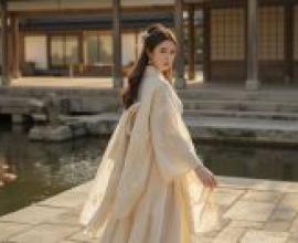 中國古代，一位身著洋裝的少女站在湖邊。