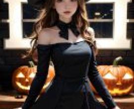 Black Lolita fashion，A girl in a black dress and hat.