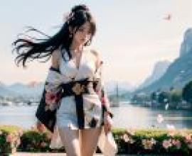 電腦桌布，真人版，和服美女，和服之美：水上的白衣動漫泰國女孩