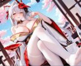 hakuhou azur lane，Anime girl with white hair and red bow.