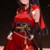 女孩們，一位身穿紅黑服裝的動漫角色扮演女性。