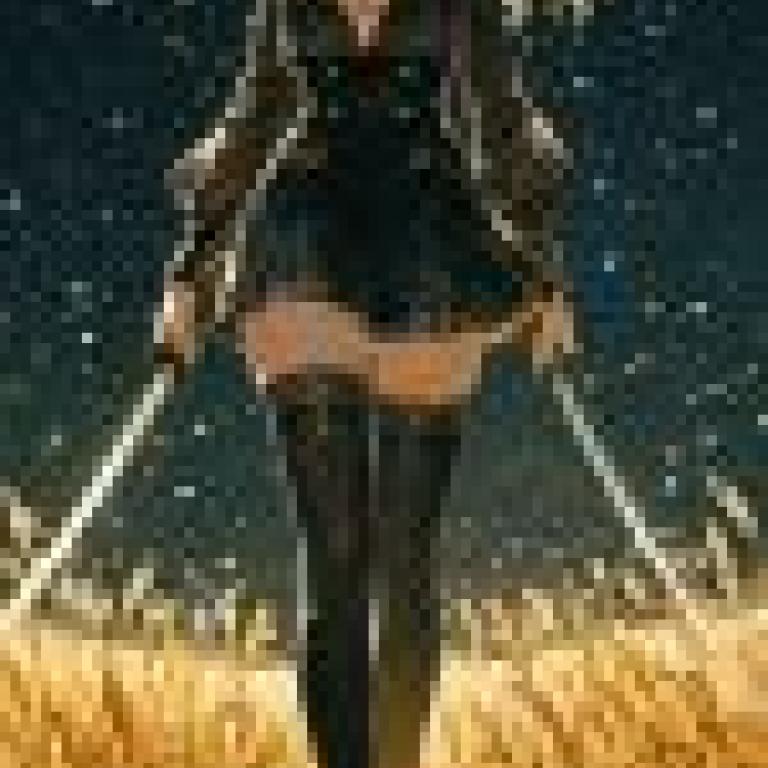 female assassin，A girl with a blonde hair， wearing black dress and walking through wheat grass.