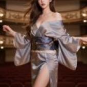 My imagined trip to Japan，Model on stage wearing blue kimono.