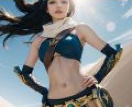 Pizza Delivery Sivir，身穿藍色上衣和比基尼泳褲的女子。