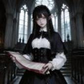 The Shadow of the Church，A woman in black dress with her eyes closed.