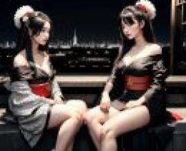 動漫美少女人物，「城市和風夜 - chen Chi與sakimichan的和服畫，夜晚城市天際線的逼真桌布免費分享」