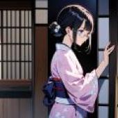 和服眼鏡女孩，一位身穿和服的女性。