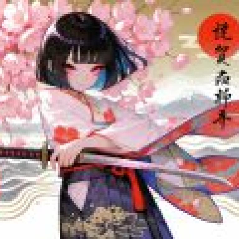 New Year cherry blossom trees，A woman in a kimono holding a sword.
