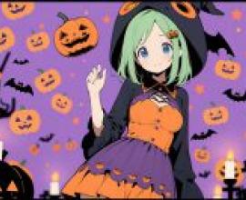 萬聖節女孩：一個穿著橘色連身裙，帽子上有蝙蝠翅膀的女孩。