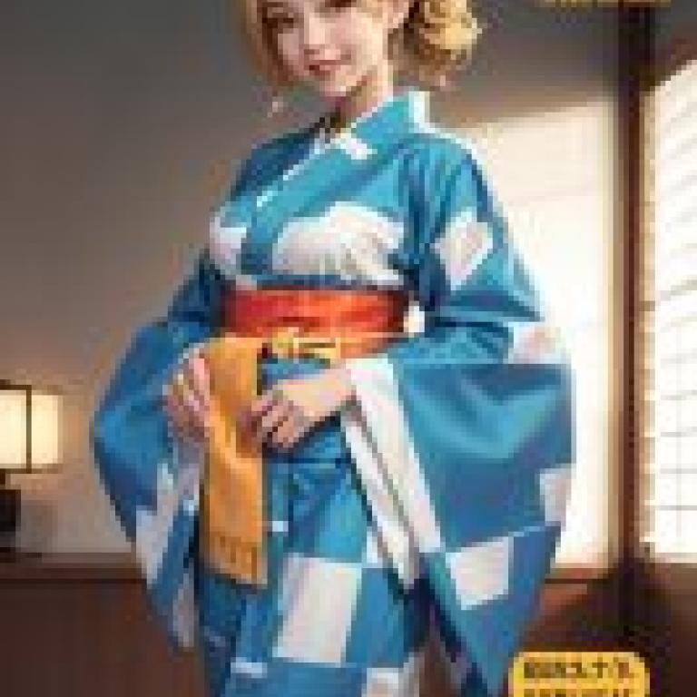 MahjongSoul，A blue kimono model with Japanese writing in the bottom right corner.