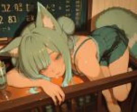 Cat World Bar，A girl cat wearing green dress and laying in the bed.