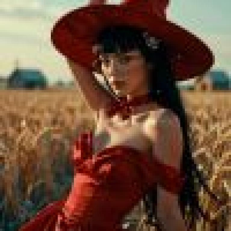 Western style，A witch in red wearing glasses sits in wheat fields.