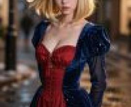 girls，A blonde with blue hair and red dress.