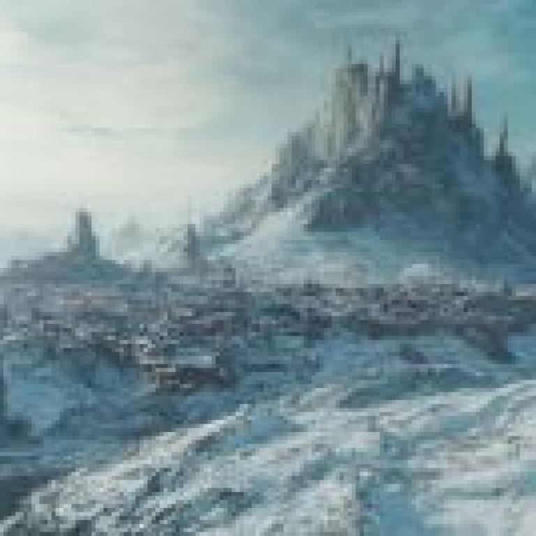 city in snow，雪中​​小鎮，背後有一座城堡。
