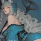 Fox Fairy，Blue Anime illustration with a fan in the background.
