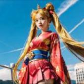 Sailor Moon，A blonde with long hair is wearing a red kimono and standing in front of a building.