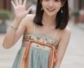 與美麗夢境的偶然邂逅，一位女子戴著橙色耳環，穿著藍色連身裙。