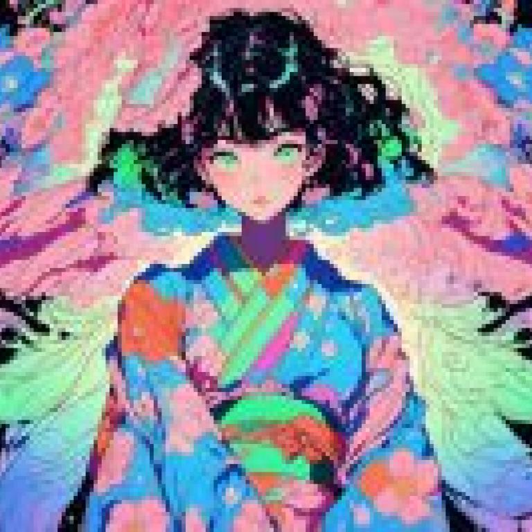 日本彩色女孩，黑髮，戴藍色圍巾，粉紅色