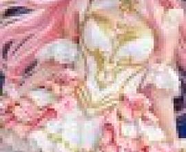 公主的服裝充滿活力，她戴著一頂粉紅色假髮。