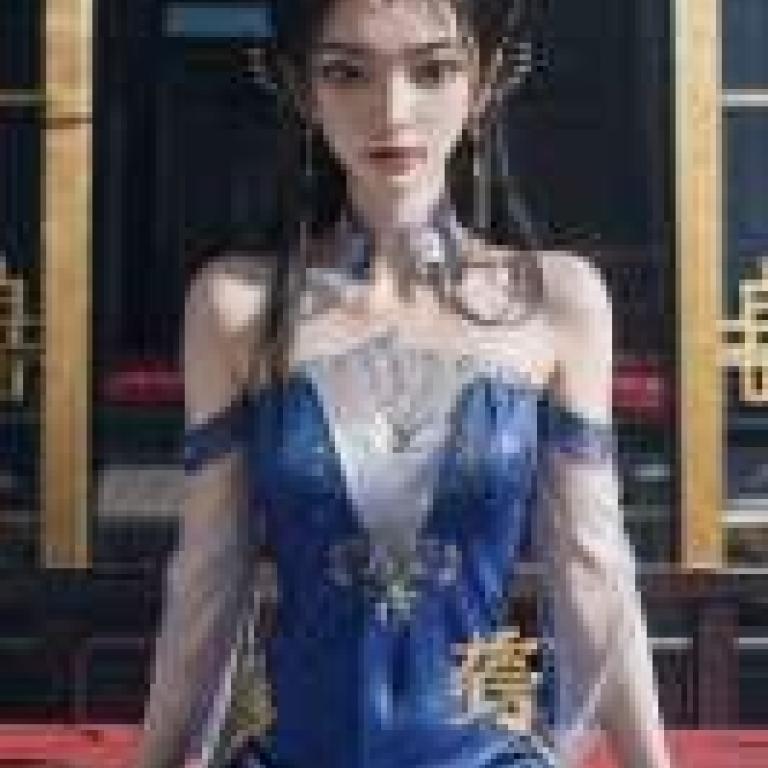 Li Muwan，A girl wears a blue dress with Chinese symbols.
