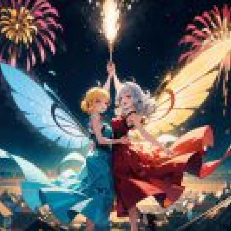 Flying for two，Twin winged fairies dance together over a city.