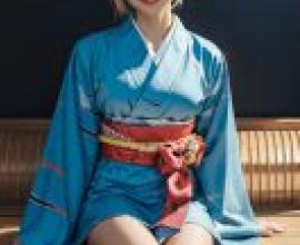 MahjongSoul，Model in blue kimono on bench.