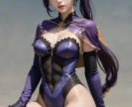 Mona Megistus Genshin Impact，一名身穿緊身衣的紫髮女子，身上掛著一個黃色標籤，上面寫著「僅限 23 號」。