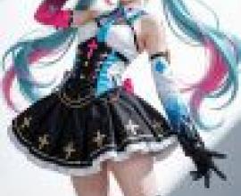 初音未來，一位有著藍色頭髮、穿著粉紅色和黑色連身裙的女孩。