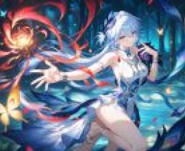 yao guang honkai star rail，a girl with blue hair holding two butterfly wings.