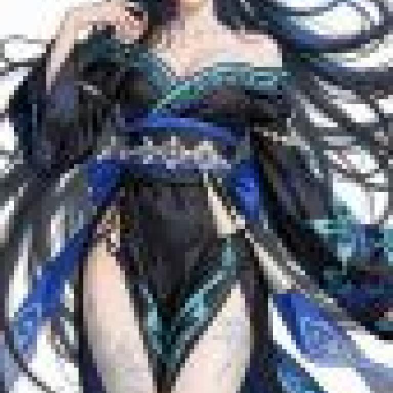 Dynamic outfits，Anime drawing of woman in black and blue outfit.